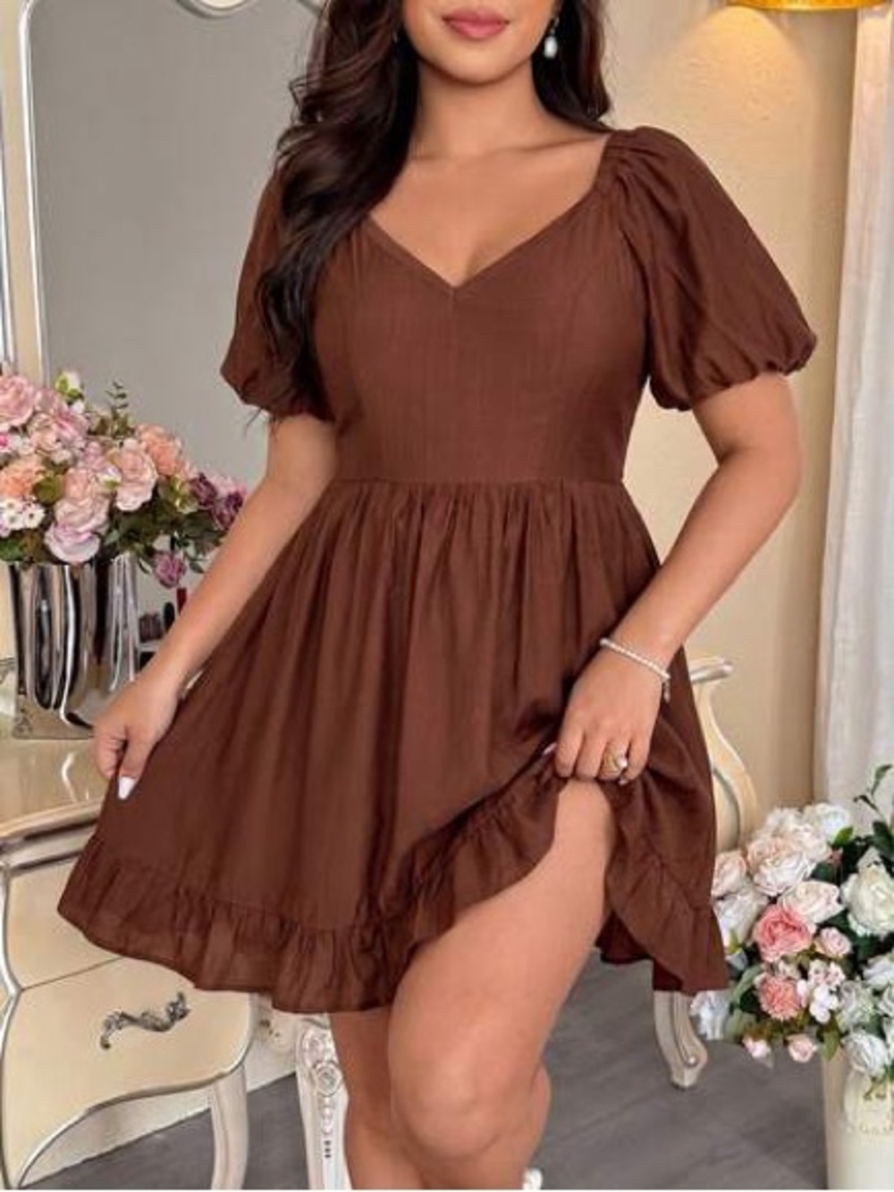 SHEIN Brown V-Neck Puff-Sleeve Mini Dress